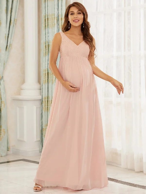 V-Neck Lace Floor-Length A-Line Maternity Dress Lace Dress Accent