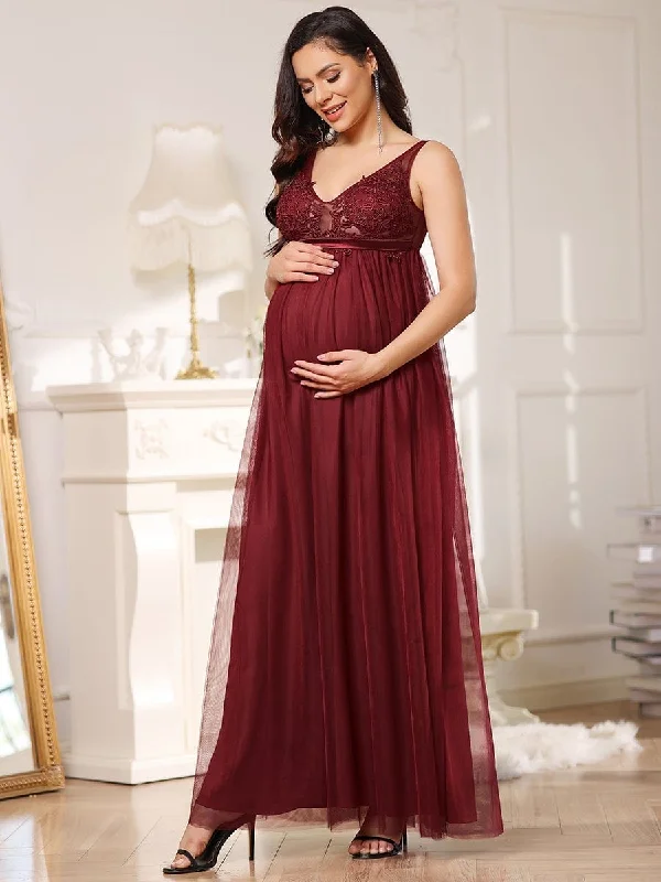 Double V-Neck Lace Bodice Long Flowy Maternity Dress Lace Dress with Belt