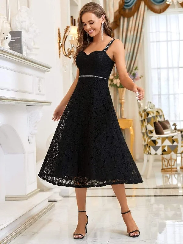 Elegant Beaded Strap Sweetheart Midi Lace Evening Dress Lace Skater Dress