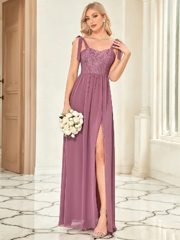 Lace Sleeveless A-Line Front Slit Bridesmaid Dress Casual Lace Dress