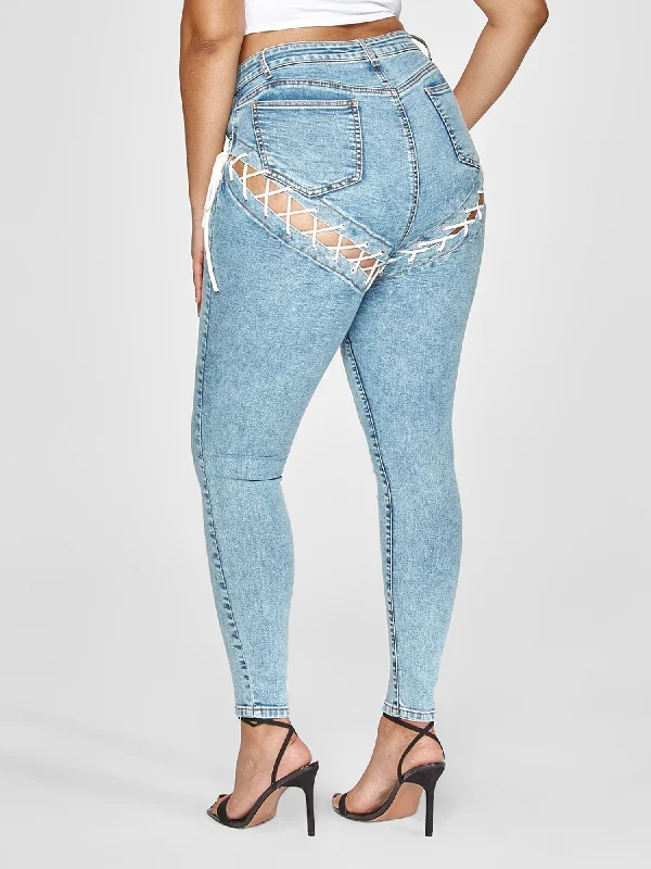 High Rise Lace-Up Detail Skinny Jeans Lace Gown Style