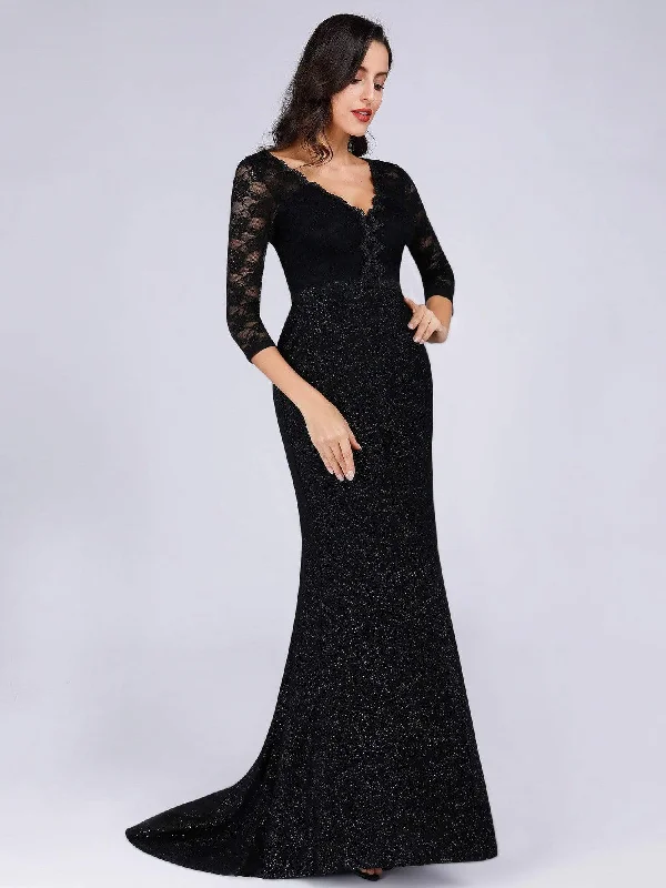 Elegant V Neck Shiny Fishtail Evening Dresses with 3/4 Lace Sleeves Simple Lace Gown