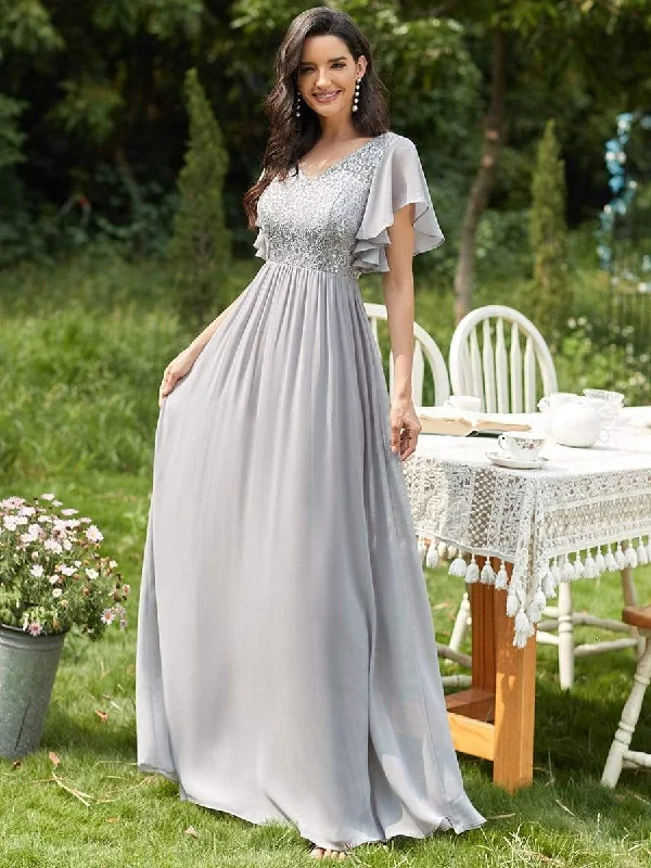 Elegant V-Neck Floor Length Lace Mother of the Bride Dress Lace Gown Glam