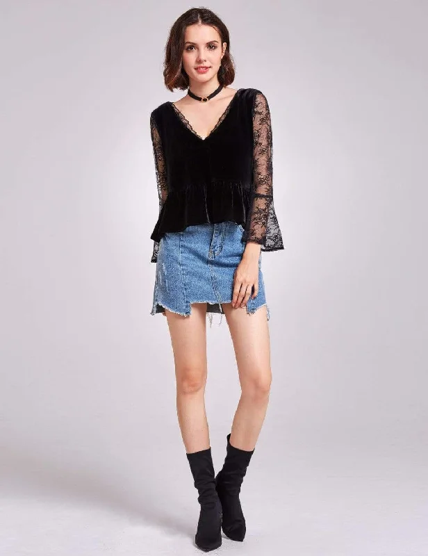 Alisa Pan Long Sleeves Lace and Velvet Top Lace Fit-and-Flare