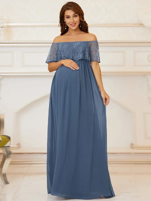 Oversized Ruffle Floor-Length Lace Maternity Dress Sheer Lace Dress