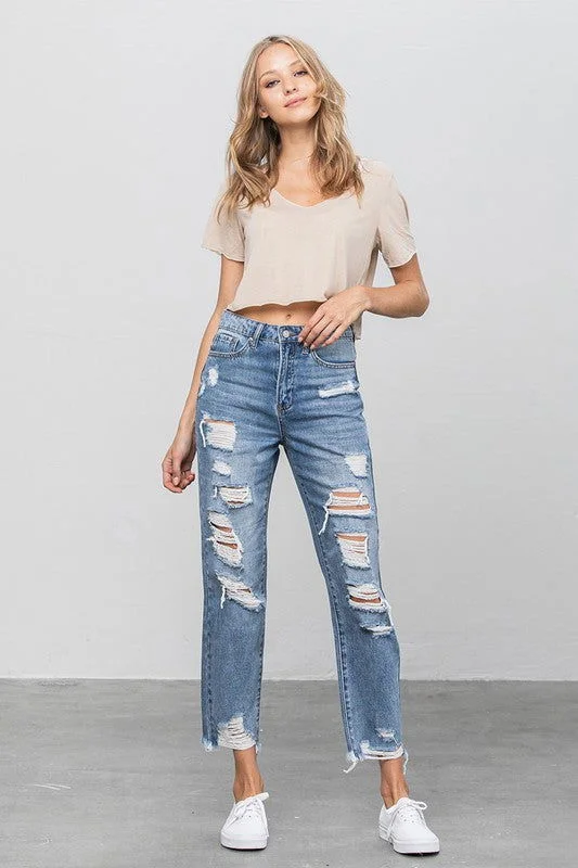 Insane Gene High Waist Heavy Distressed Girlfriend Jeans