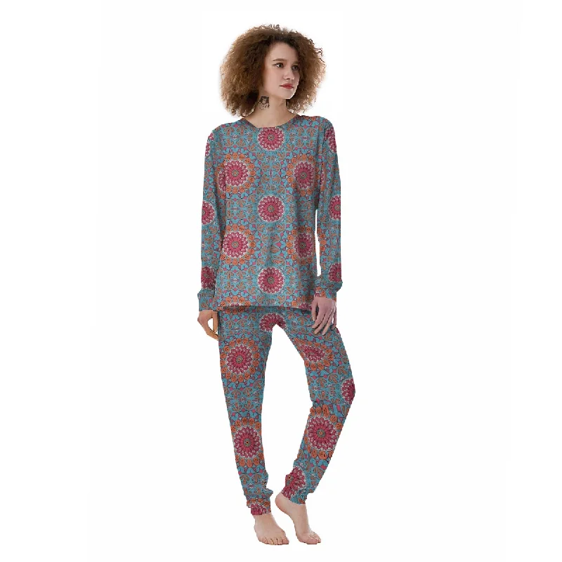 Bohemian Mandala Pink And Teal Print Pattern Women's Pajamas Short sleeve pajama sets