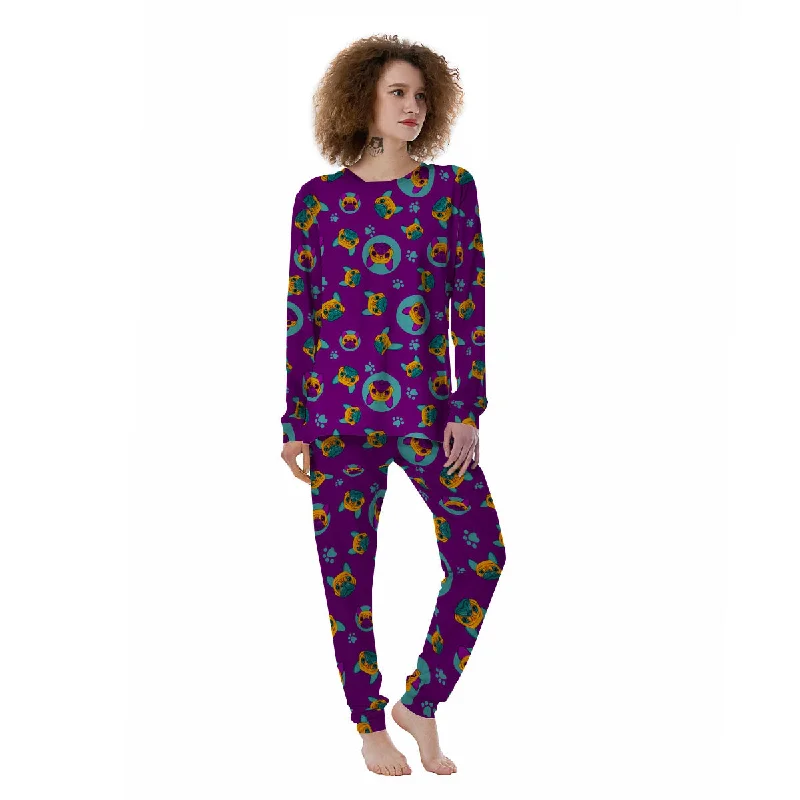 Boston Terrier Purple Print Pattern Women's Pajamas Sexy pajama sets