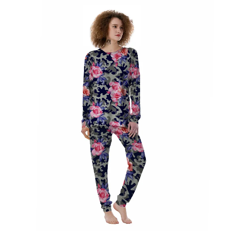 Camouflage Flower Pink Rose Print Women's Pajamas Jogger pajama sets