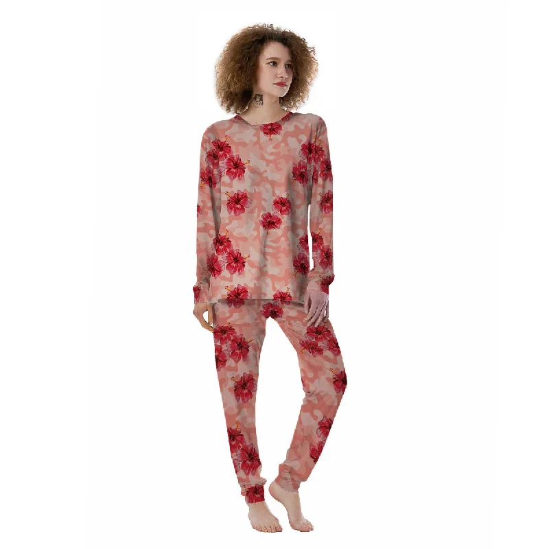 Camouflage Pink Hibiscus Flower Print Pattern Women's Pajamas Three-piece pajama sets