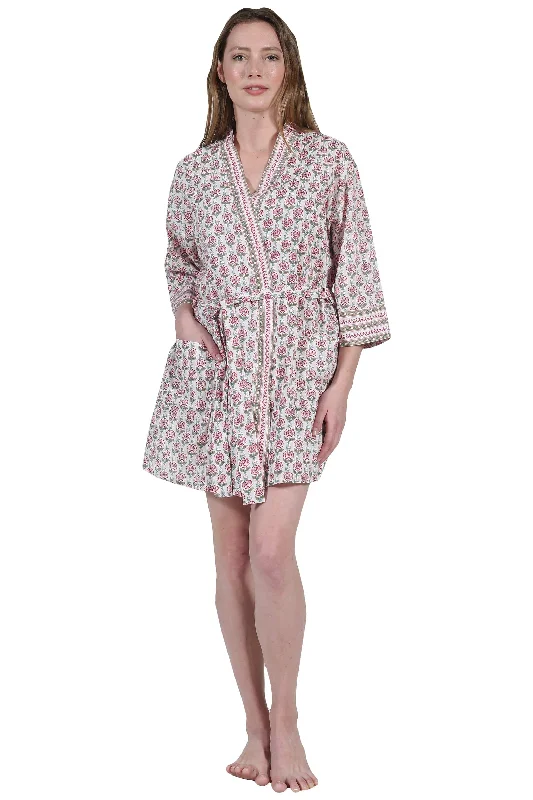 La Cera Cherry Blossom Print Cotton Short Robe Lightweight pajama sets