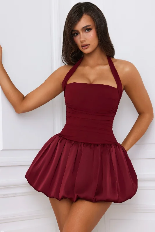 Halterneck Lace-Up Bubble Hem Corset Micro Mini Dress in Berry Red Women's mini dresses