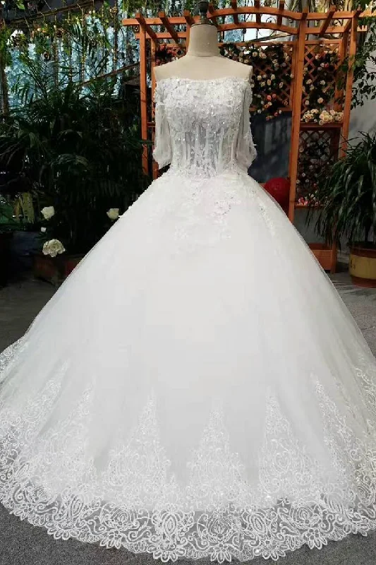 Gorgeous Floor Length Lace Up Wedding Dresses With Appliques And Sequins Middle-Length Sleeves Tiered Wedding Dress