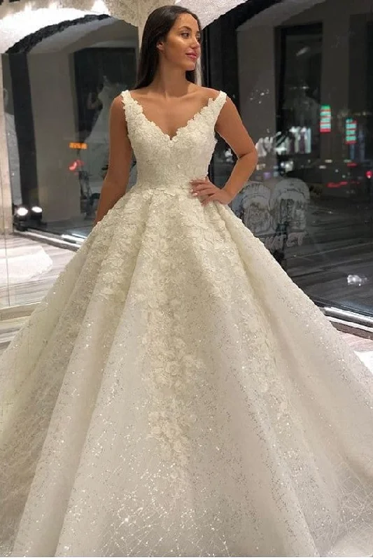 A-Line Deep V-Neck Floor-Length Wedding Dress with Lace and Sequin Appliques Romantic Wedding Dress