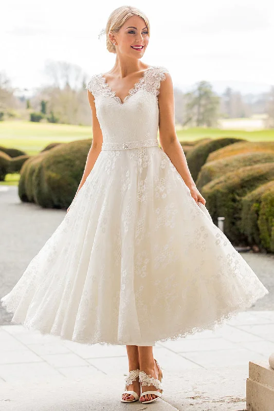 A-Line Tea-Length Appliqued Scalloped Cap Sleeve Lace Wedding Dress - MK_705863 Full Skirt Gown