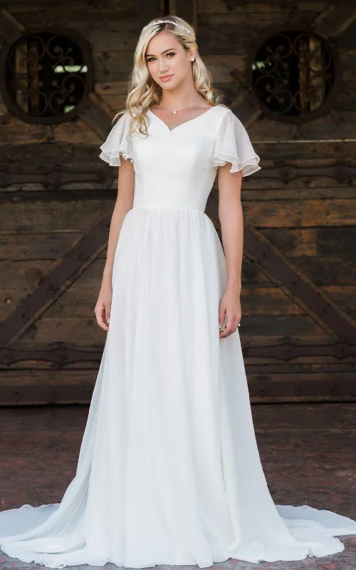 A Line V-neck Chiffon Floor-length Brush Train Short Sleeve Wedding Dress with Ruffles-715926 Sexy Satin Gown