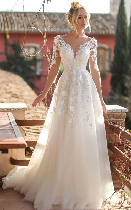 Casual A Line Tulle Plunging Neck Wedding Dress with Appliques and Ruching-716360 Beautiful Bridal Gown