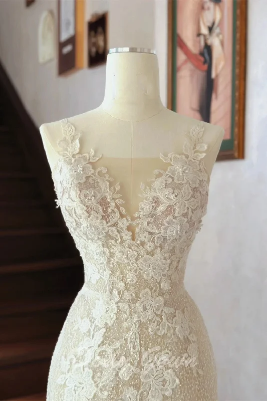 Charming Lace Appliques See Through Slight Mermaid Wedding Dress Boho Chic Gown