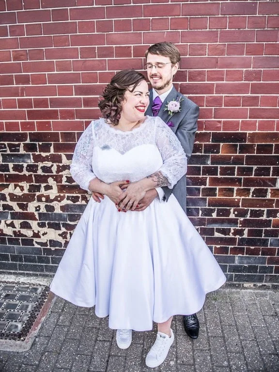 Tea Length Plus Size Wedding Dress with 3/4 Sleeves | 1950s Vintage Gown Classic Lace Gown