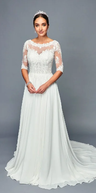 DeKlaire Bridal 468 Long Mid-Sleeve A-Line Wedding Dress Silk Wedding Gown