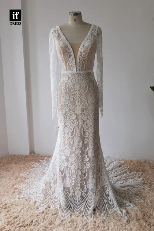 30574 - Plunging V-Neck Illusion Lace Wedding Dress with Sleeves Boho Wedding Gown