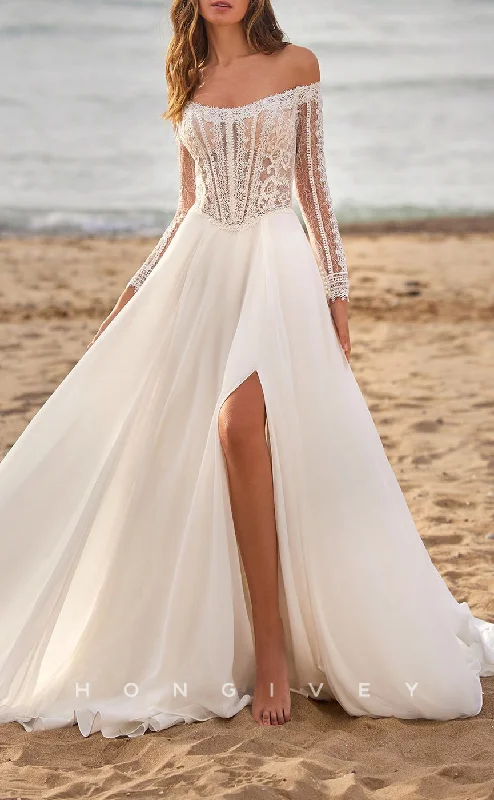 H1524 - Sexy Tulle A-Line Off-Shoulder Long Sleeve Illusion Empire Appliques With Side Slit Train Boho Wedding Dress Glitter Wedding Dress