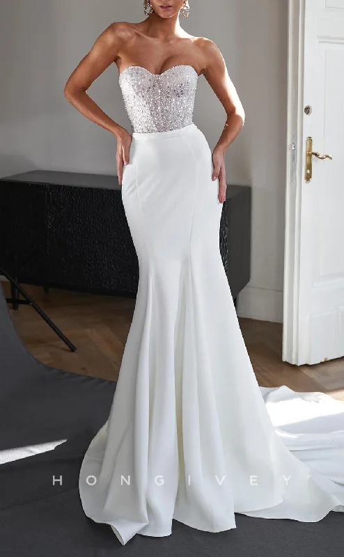 H1525 - Sexy Satin Trumpet Sweetheart Strapless Empire Beaded Sequined With Train Beach Wedding Dress Modern Bridal Gown