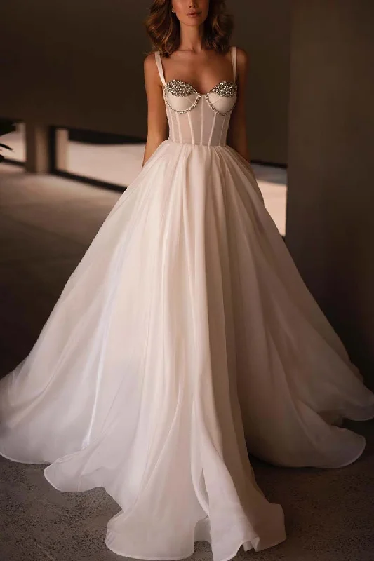 K1307 - Sweetheart Sleeveless Beaded Satin A-Line Long Wedding Gown Satin Wedding Dress