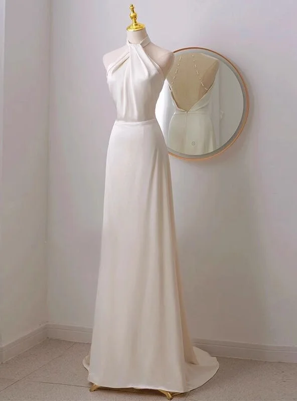 Ivory Satin Halter Backless Wedding Dress Short Wedding Gown