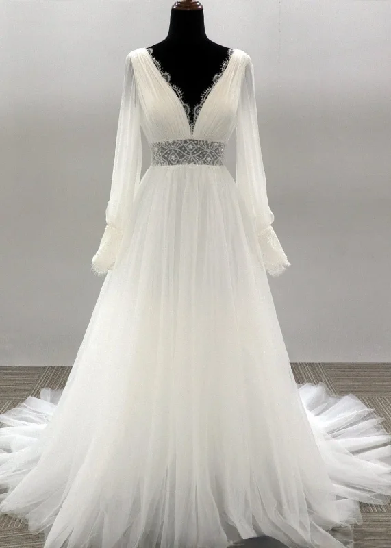 Plunging V-Neck Long Sleeves Tulle Wedding Gown Strapless Wedding Gown