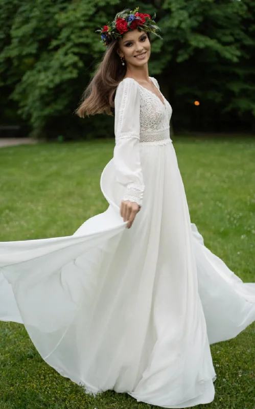 Poet Sleeves Chiffon A-Line Beach Wedding Dress with V-Neckline and Illusion Low-V Back-716679 Romantic Lace Dress