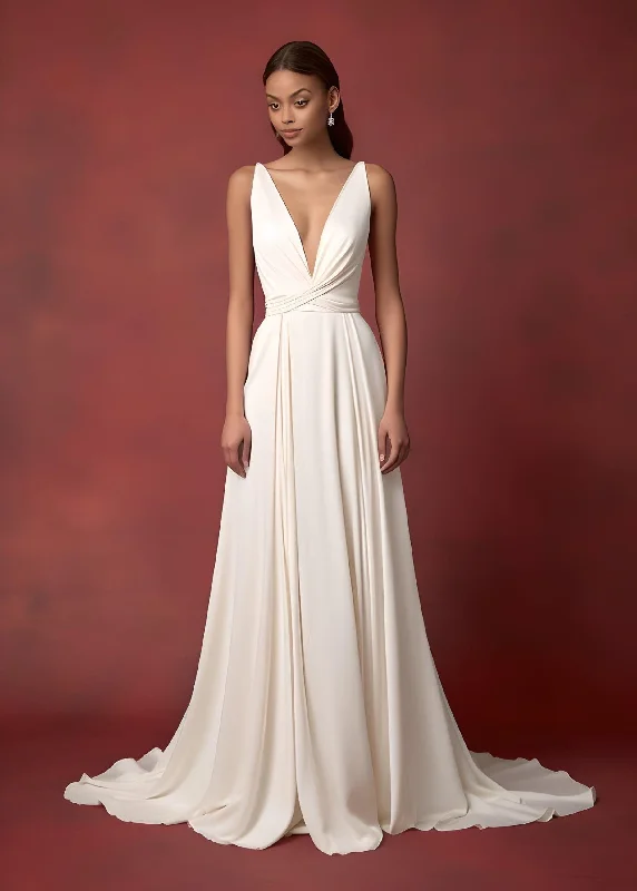 Sexy A-Line Plunging Neckline V-neck Satin Sleeveless Wedding Dress Beach Country Garden Court Simple Ethereal Modern-MW_700001 Princess Wedding Dress