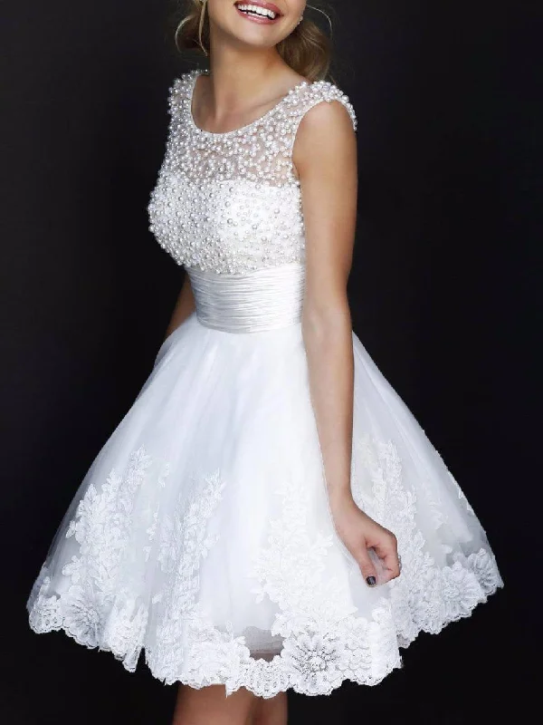 Short White Simple Wedding Dress Decorated with Pearls Bead Top Simple Wedding Gown