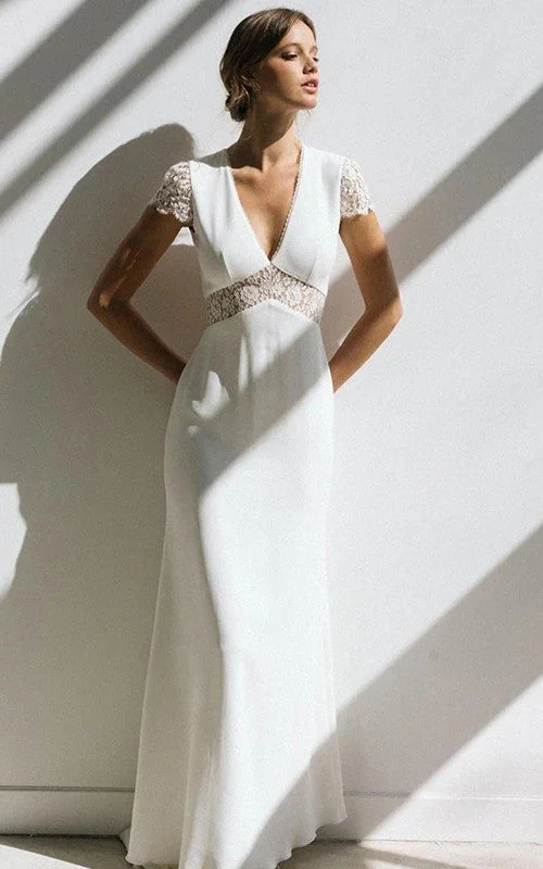 Simple Sheath Empire Floor-length Sweep Train Chiffon V-neck Short Sleeve Wedding Dress-716032 Glamorous Wedding Dress