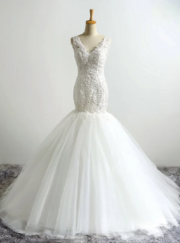 V-Neck Lace Applique Mermaid Wedding Dress with Open Back Beaded Lace Wedding