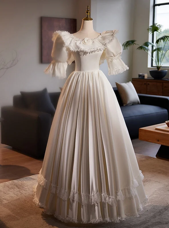 Vintage White Satin Lace Puff Sleeve Wedding Dress Classic Bridal Gown