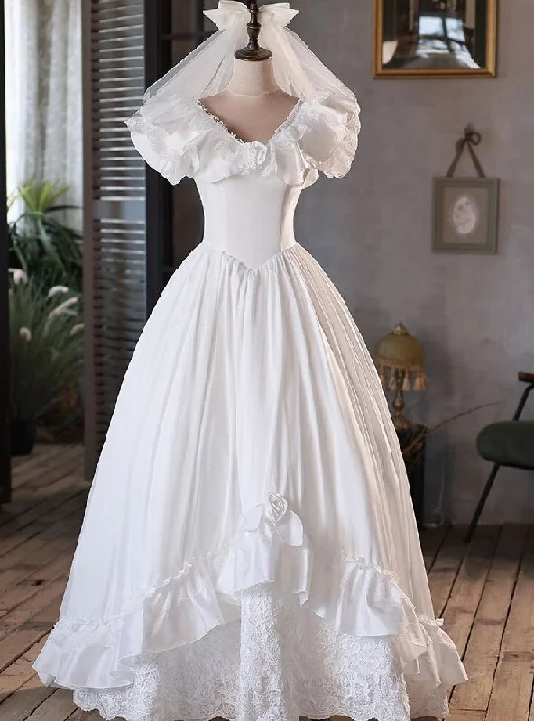 Vintage White Satin Lace V-neck Wedding Dress Chic Wedding Gown