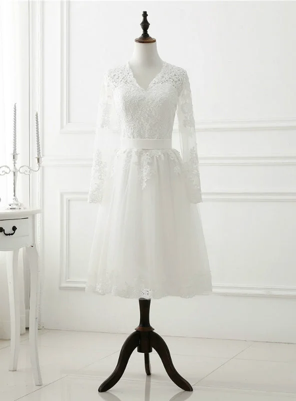 Vintage White Short Wedding Dress Long Sleeve Lace Tulle Silk Bridal Dress