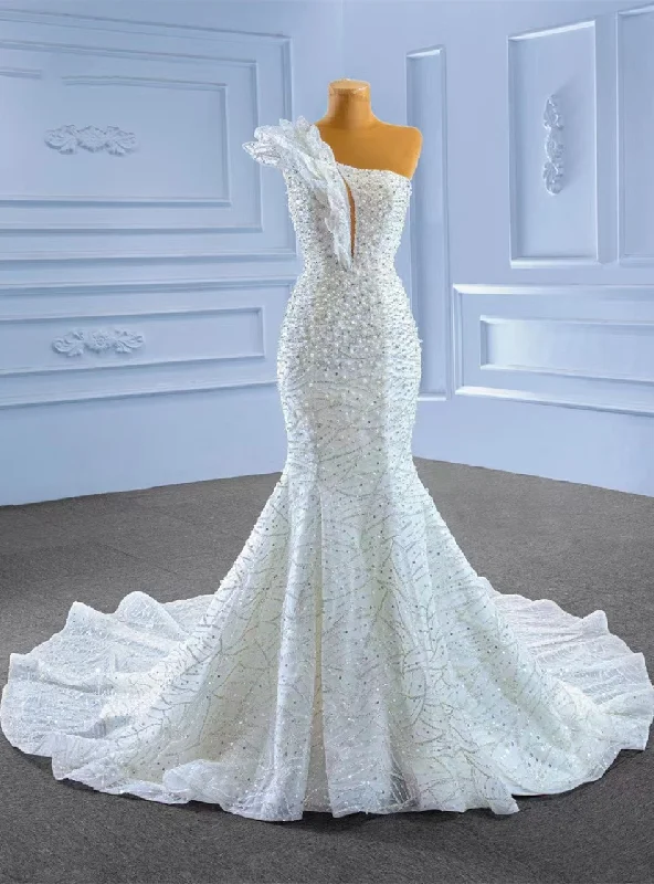 White Mermaid Sequins Beading One Shoulder Wedding Dress Open Back Dress