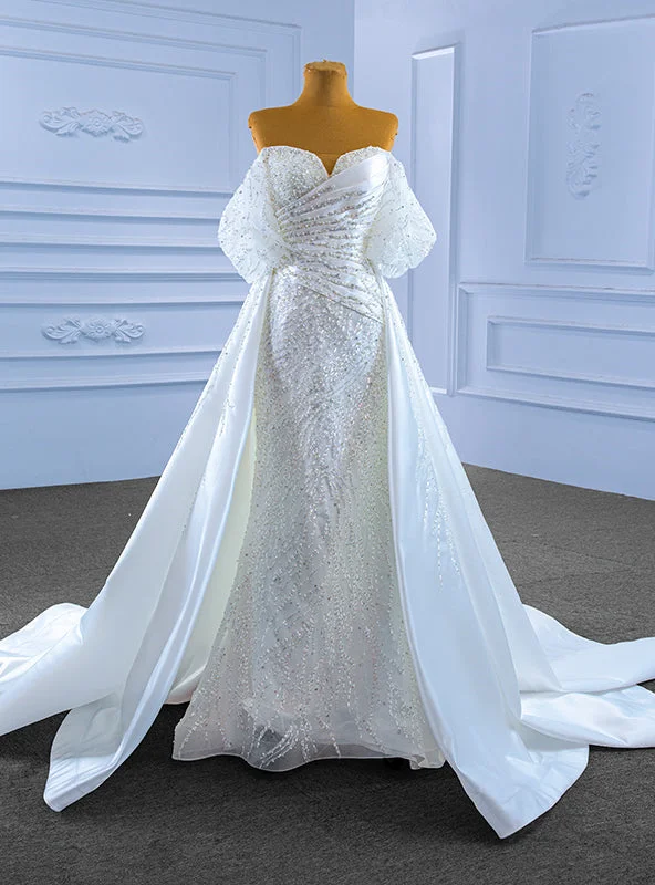 White Mermaid Sequins Beading Pearls Wedding Dress With Detachable Train Lace Wedding Gown