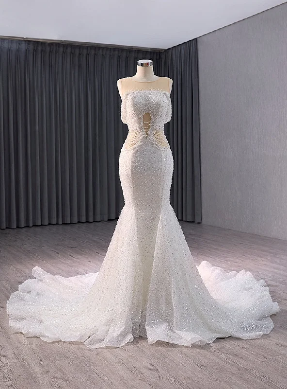 White Mermaid Sequins Beading See Through Wedding Dress Illusion Lace Gown