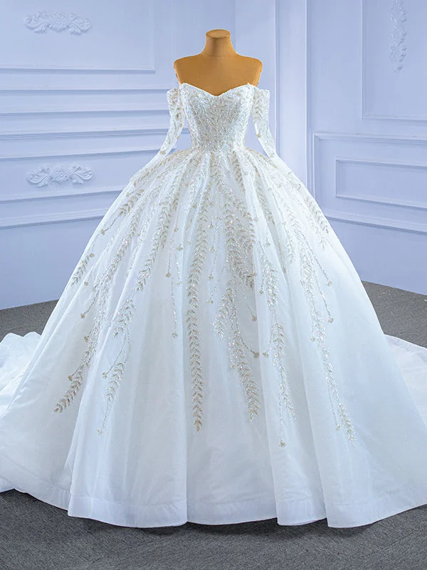 White Tulle Off the Shoulder Long Sleeve Beading Sequins Wedding Dress Ball Gown Wedding