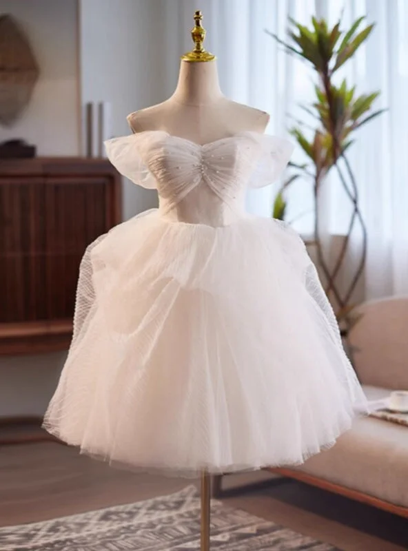 White Tulle Off the Shoulder Pearls Pleats Wedding Dress Luxury Lace Gown