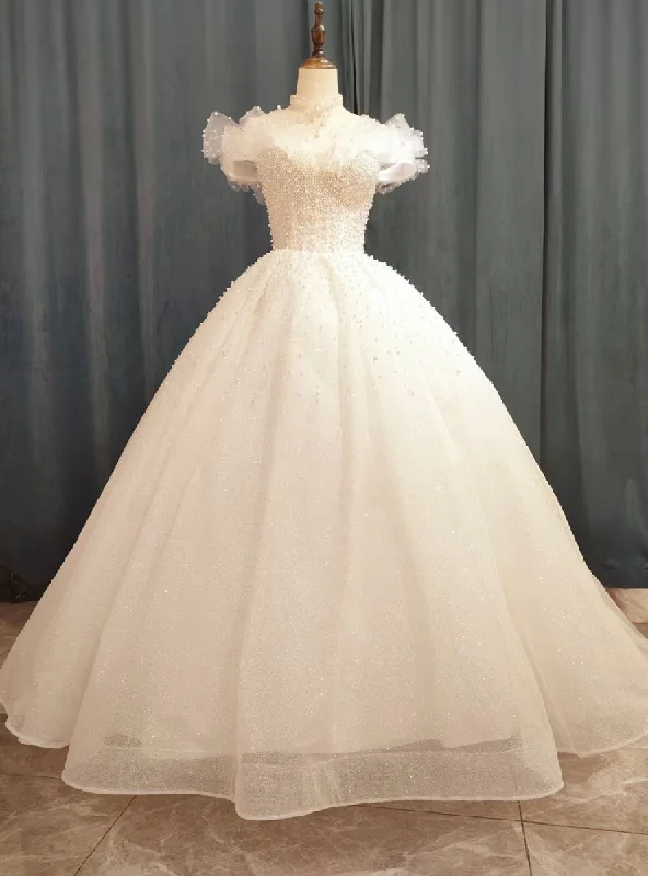 White Tulle Off the Shoulder Pearls Wedding Dress A-line Bridal Dress