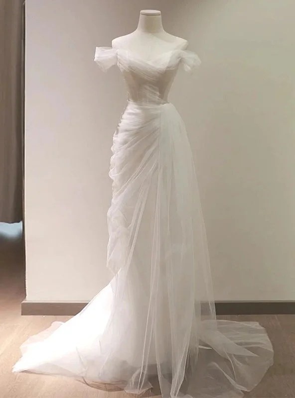 White Tulle Off the Shoulder Pleats Wedding Dress Off-shoulder Bridal Gown