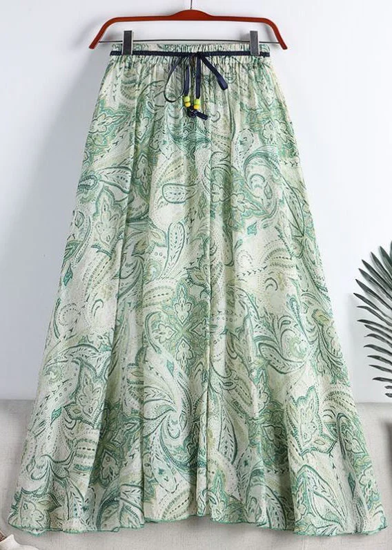 Chic Green Print Elastic Waist Tie Waist Chiffon A Line Skirt Summer Monochrome unclassified skirts