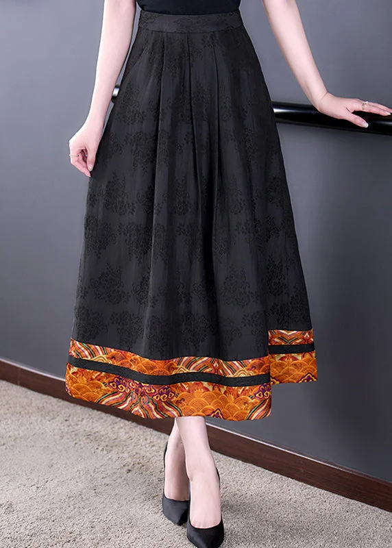 DIY Black Pockets Print High Waist Silk A Line Skirts Fall Affordable unclassified skirts