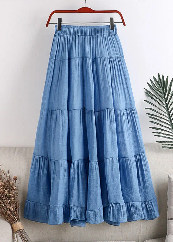 Loose Blue Elastic Waist Patchwork Wrinkled Chiffon A Line Skirt Summer Denim unclassified skirts