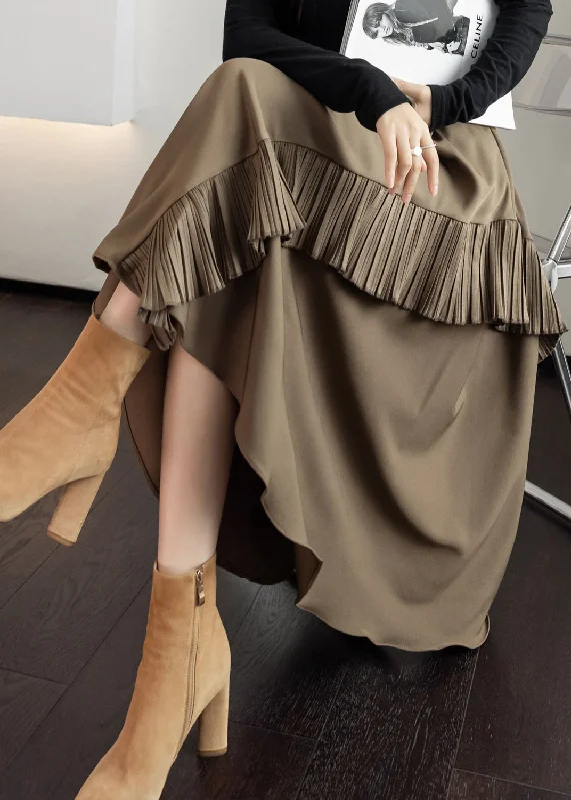 Plus Size Khaki Asymmetrical Tassel Elastic Waist Silk A Line Skirts Fall Casual unclassified skirts