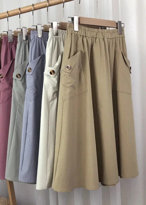 Vintage Light Khaki Button Pockets Faux Leathe A Line Skirts Summer Silk unclassified skirts